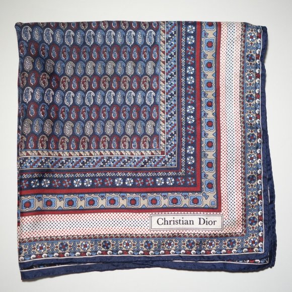 Vtg Christian Dior Paisley & Geometric Shapes Silk Pocket Square, 18 in x 18 in - Picture 1 of 8